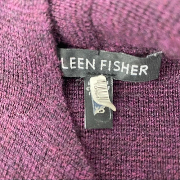 Eileen Fisher XS Open Front Cardigan Purple 100% Merino Wool Leather Trim Pocket - Picture 5 of 7